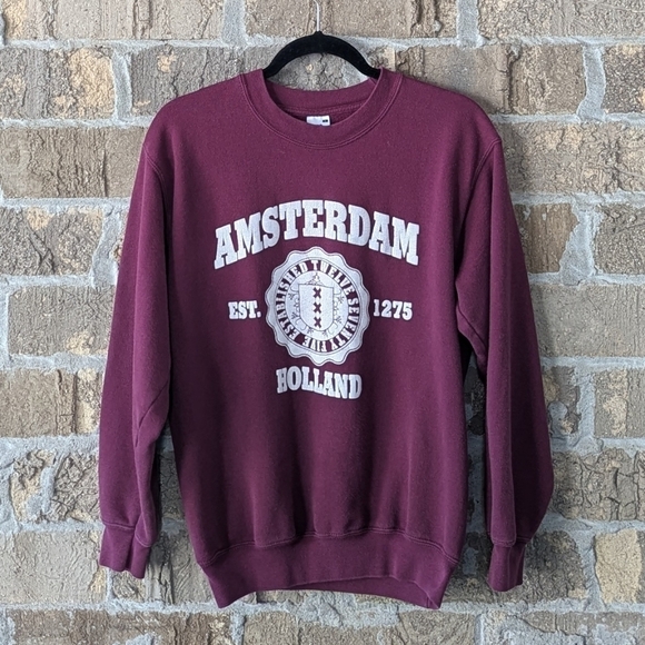 Vintage 90s Fruit of the Loom Amsterdam Burgundy Red Crew Neck Sweatshirt Small - Picture 1 of 7